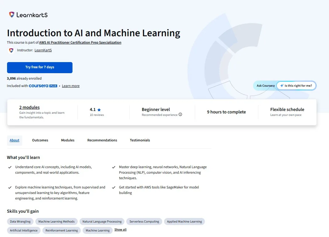 Coursera's page for Introduction to AI and Machine Learning (AWS exam prep): run by LearnKartS, rated 4.1 from 10 reviews, 3,096 already enrolled, beginner level, 9 hours to complete.