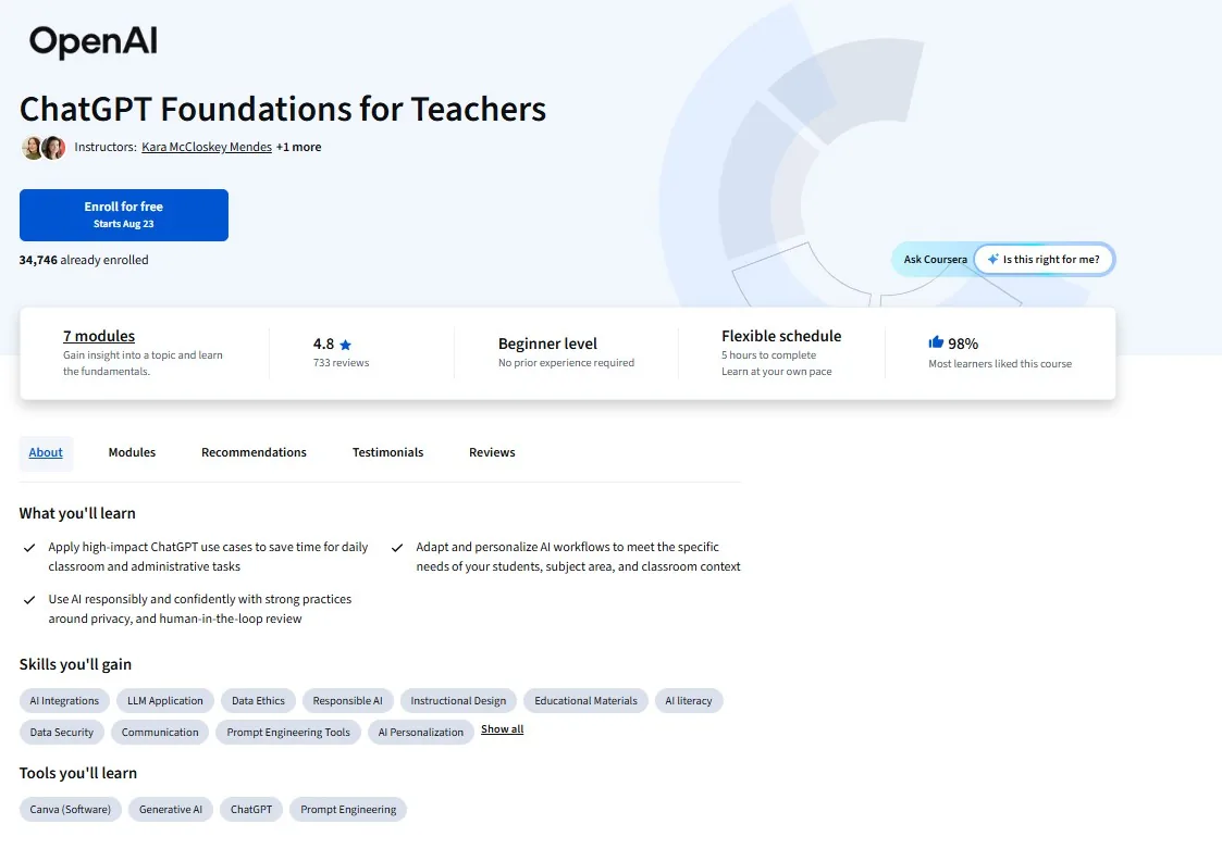 Coursera's page for ChatGPT Foundations for Teachers: run by OpenAI, rated 4.8 from 733 reviews, 34,746 already enrolled, beginner level, 5 hours to complete.