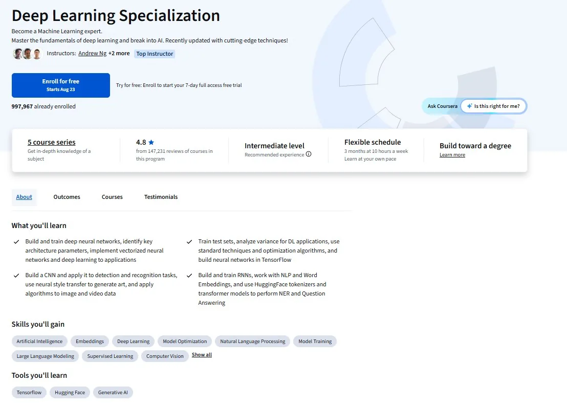 Coursera's page for Deep Learning Specialization: run by DeepLearning.AI, rated 4.8 from 147,231 reviews of courses in this program, 997,967 already enrolled, intermediate level, 3 months at 10 hours a week.