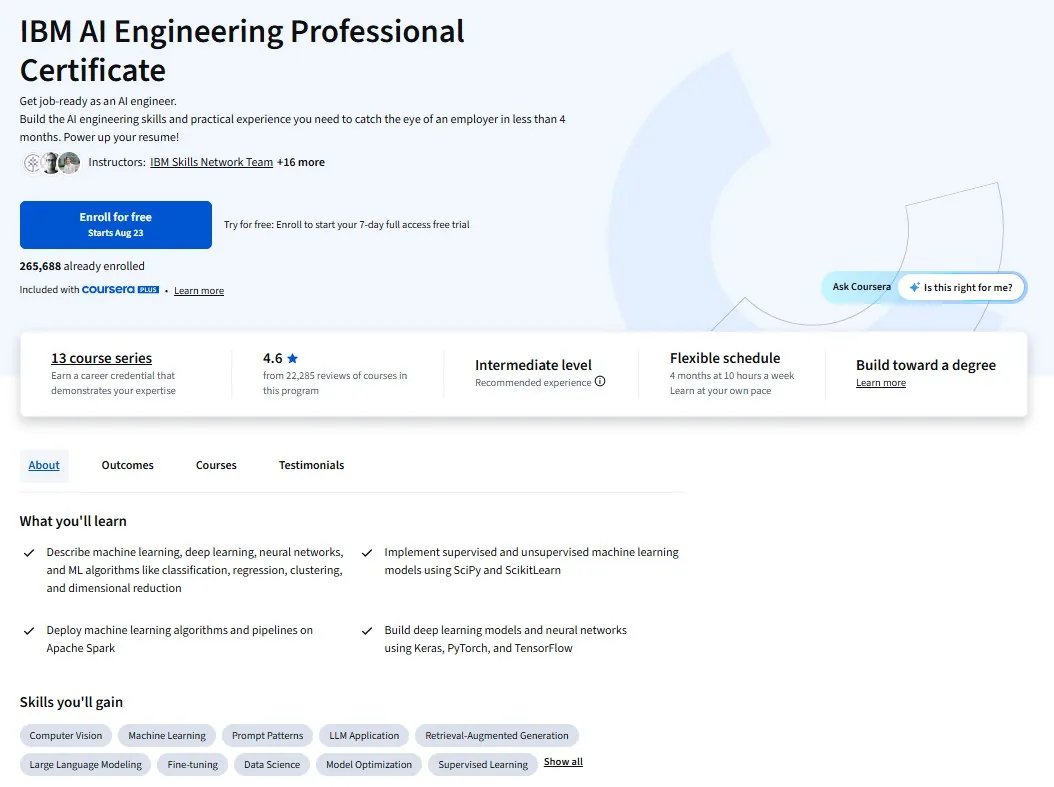Coursera's page for IBM AI Engineering: run by IBM, rated 4.6 from 22,285 reviews of courses in this program, 265,688 already enrolled, intermediate level, 4 months at 10 hours a week.