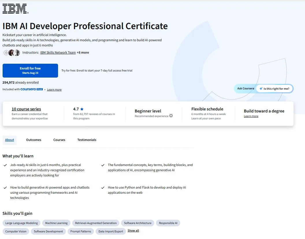 Coursera's page for IBM AI Developer: run by IBM, rated 4.7 from 82,797 reviews of courses in this program, 254,972 already enrolled, beginner level, 6 months at 4 hours a week.