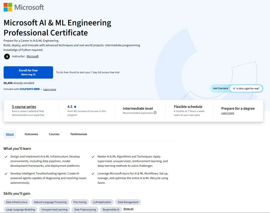 Coursera's page for Microsoft AI & ML Engineering: run by Microsoft, rated 4.5 from 401 reviews of courses in this program, 56,498 already enrolled, intermediate level, 6 months at 7 hours a week.